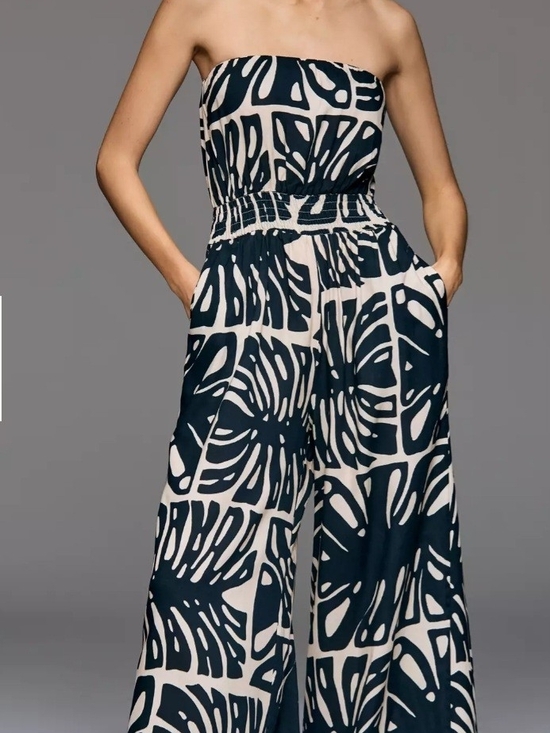 Cacay Pants - Strapless Navy & Cream Wide-Leg Printed Jumpsuit
